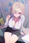  1girl 570_ml absurdres alternate_costume asuna_(blue_archive) black_skirt blue_archive blue_eyes blue_halo breasts button_gap cleavage collared_shirt commentary hair_over_one_eye halo highres large_breasts long_hair miniskirt mole mole_on_breast office_lady pencil_skirt shirt sitting skirt solo untranslatable_commentary white_shirt 