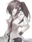  1girl arm_at_side belt belt_pouch black_belt black_choker bracelet breasts brown_eyes brown_hair choker cigarette closed_mouth collared_shirt commentary_request cross cross_print expressionless hair_between_eyes hair_ornament hairclip hand_on_own_hip high_ponytail highres jewelry long_hair looking_at_viewer medium_breasts minakami_yuki mmntmrt necktie parallel_hairclips ponytail pouch print_necktie red_necktie school_uniform shirt short_sleeves simple_background skirt smoking solo standing subarashiki_hibi tassel tassel_hair_ornament upper_body white_background white_shirt white_skirt 