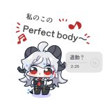  1girl ahoge armband black_armband black_gloves black_horns black_pants chibi chibi_only collared_shirt commentary_request curled_horns demon_tail gloves hair_between_eyes harness highres horns long_hair looking_ahead looking_to_the_side medium_hair multicolored_hair musical_note necktie pants red_eyes red_necktie shirt simple_background solo streaked_hair sweat sweatdrop syurikenmaru tail tight_clothes tight_pants translation_request white_background white_hair white_shirt wuthering_waves zani_(wuthering_waves) 