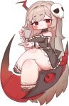  1girl :> black_dress black_shoes blonde_hair blush_stickers bow breasts cleavage commentary criss-cross_halter crossed_legs cup deformed detached_collar dress footwear_bow frilled_dress frilled_socks frills full_body hair_intakes hair_ornament halterneck highres holding holding_cup holding_plate long_hair long_sidelocks long_sleeves looking_at_viewer off-shoulder_dress off_shoulder on_weapon owo_kamiiiii plate red_eyes rim_(trickcal) scythe shoes short_eyebrows sidelocks sitting skull_hair_ornament socks solo thick_thighs thighs transparent_background trickcal very_long_hair 