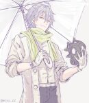  1boy black_pants clear_(dramatical_murder) closed_mouth coat commentary_request dramatical_murder from_below gas_mask gloves green_scarf grey_hair hair_between_eyes highres holding holding_umbrella looking_at_viewer male_focus mask pants scarf shirt_tucked_in solo surinrei twitter_username umbrella white_coat white_gloves 
