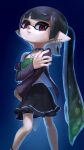  1girl black_hair black_jacket black_skirt blue_background camisole choker cross cross_necklace dbwuqldvec82805 fang gradient_hair green_camisole green_hair hand_up highres inkling inkling_girl inkling_player_character jacket jewelry looking_at_viewer multicolored_hair multiple_piercings necklace open_clothes open_jacket open_mouth pleated_skirt pointy_ears red_eyes sequential_piercings single_off_shoulder skirt solo spiked_choker spikes splatoon_(series) teeth tentacle_hair thigh_strap thighs 