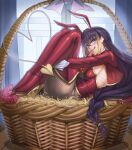  1girl :q absurdres animal_ear_hairband animal_ears basket between_breasts black_hair blonde_hair blue_eyes boots breasts bunny_day carrot curvy english_commentary fake_animal_ears fishnets from_side gradient_hair hair_between_eyes hairband heart heart_tail high_heel_boots high_heels highres hugging_own_legs in_basket in_container large_breasts leotard lessar long_hair long_sleeves looking_at_viewer mechanical_tail midorin_567 multicolored_hair playboy_bunny rabbit_ears red_boots red_leotard red_shrug shrug_(clothing) tail thick_thighs thigh_boots thighs toaru_majutsu_no_index tongue tongue_out very_long_hair window 