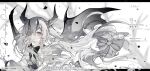  1girl 2021 black_bow black_bowtie black_horns black_wings bow bowtie commentary_request commission demon_horns demon_wings dress expressionless floating_hair flower flower_over_eye frilled_shirt frills grey_eyes grey_flower hair_between_eyes hair_bow highres horns letterboxed long_hair long_sleeves looking_at_viewer low-tied_long_hair original parted_lips petals qianqianjie rose sample_watermark shirt solo too_many_watermarks translation_request upper_body very_long_hair watermark white_background white_dress white_flower white_hair white_rose white_shirt wings 