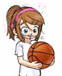  1girl 482egg ball basketball_(object) blood blood_on_clothes blue_eyes braces brown_hair child hair_ornament hairclip highres holding holding_ball looking_down nosebleed original parallel_hairclips ponytail sawyer_(482egg) seeing_stars shirt solo thick_eyebrows upper_body white_background white_shirt 