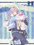  2boys black_pants blue_hair brown_hair cake closed_mouth commentary_request dramatical_murder ear_piercing food happy highres holding holding_cake holding_food holding_spring_onion holding_vegetable hug hug_from_side looking_at_viewer male_focus multiple_boys necktie noiz_(dramatical_murder) pants piercing seragaki_aoba shirt smile spring_onion strawberry_cake surinrei vegetable white_shirt 
