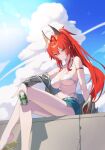  1girl absurdres antenna_hair arm_strap arm_support bare_shoulders beer_can bikini blue_shorts blue_sky breasts can cleavage cloud cloudy_sky collarbone commentary crossed_legs day denim denim_shorts drink_can exposed_pocket glint goddess_of_victory:_nikke grin hair_between_eyes hair_intakes highres holding horns jacket large_breasts lens_flare light_particles long_hair looking_at_viewer mechanical_horns moon_(restire) navel official_alternate_costume official_alternate_hairstyle outdoors panty_straps ponytail red_hair red_hood_(nikke) red_hood_(retro_days)_(nikke) revision sandals shadow short_shorts shorts side-tie_bikini_bottom sidelocks sitting skindentation sky smile solo stomach sun swimsuit teeth very_long_hair white_bikini yellow_eyes yellow_sandals zipper 