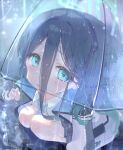  1girl aris_(blue_archive) artist_name black_hair black_hairband black_skirt blue_archive blue_eyes blue_jacket blue_necktie clip_studio_paint_(medium) closed_mouth collared_shirt commentary_request dot_nose double-parted_bangs from_above frown full_body furrowed_brow hair_between_eyes hairband halo highres holding holding_umbrella jacket legs_folded legs_together long_hair long_hair_between_eyes looking_at_viewer looking_up loosely_tucked_bangs making-of_available miniskirt necktie one_side_up open_clothes open_jacket outdoors partial_commentary rain raised_inner_eyebrows sakusakutomato shirt skirt solo squatting transparent transparent_umbrella twitter_username two-sided_fabric two-sided_jacket umbrella water_drop white_jacket white_shirt 