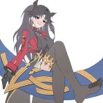  1girl absurdres alternate_breast_size_(larger) black_hair black_shirt black_thighhighs breasts commentary earrings enigmasli fate/grand_order fate/stay_night fate/unlimited_blade_works fate_(series) feet full_body gem gloves highres honkai:_star_rail honkai_(series) hoop_earrings ishtar_(fate) jacket jewelry large_breasts long_hair looking_at_viewer necklace open_clothes open_jacket red_eyes red_jacket shirt simple_background solo thighhighs tohsaka_rin tohsaka_rin_(honkai:_star_rail) twintails white_background 