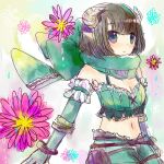  1girl belt_pouch bra_strap breasts brown_hair cleavage closed_mouth commentary_request cowboy_shot dormir_(challco) elbow_gloves expressionless fingerless_gloves flower gloves green_eyes green_gloves green_scarf green_shorts green_tube_top grey_horns horns looking_at_viewer medium_breasts midriff navel pointy_ears pouch purple_flower ragnarok_online ranger_(ragnarok_online) scarf short_hair shorts solo strapless tube_top 