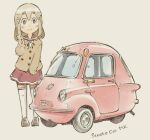  1girl black_ribbon brown_cardigan brown_eyes brown_hair brown_shoes car cardigan closed_mouth commentary grey_background hand_up highres loafers long_hair looking_at_viewer mima_nonoka motor_vehicle neck_ribbon pleated_skirt red_car red_sailor_collar red_skirt ribbon sailor_collar school_uniform scootacar sekihan shoes short_eyebrows simple_background skirt smile solo standing thighhighs three-wheeler v vehicle_focus vehicle_name white_thighhighs zesshaka!_shiritsu_yotsuwa_joshi_gakuin_zetsumetsu_kigu-sha_gakka 