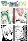  1boy 1girl 4koma :&lt; belt blonde_hair blue_eyes blush catstudioinc_(punepuni) closed_eyes color_drain comic cosplay crossdressing crotch_grab green_eyes green_hair hair_ornament hair_ribbon hairclip hatsune_miku highres kagamine_len kagamine_rin kagamine_rin_(cosplay) left-to-right_manga long_hair midriff navel neckerchief necktie open_mouth otoko_no_ko ribbon shirt short_sleeves shorts surprised sweat thai translated very_long_hair vocaloid 