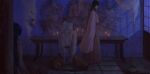  320tbsyc black_hair blood bow candle clone commentary_request dark fujiwara_no_mokou hair_bow highres houraisan_kaguya indoors japanese_clothes kimono kneeling lattice long_skirt ofuda pants pink_kimono red_pants red_skirt shirt skirt statue table touhou white_bow white_hair white_shirt window window_shadow 