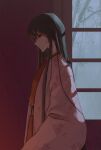  1girl 320tbsyc bamboo black_hair commentary_request facing_to_the_side floral_print floral_print_kimono highres houraisan_kaguya indoors japanese_clothes kimono long_hair looking_to_the_side pink_kimono print_kimono sidelighting touhou window window_shadow 