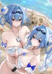  2girls absurdres bare_shoulders beach bikini blue_bow blue_eyes blue_hair blue_nails blush bow breasts bun_cover cleavage commentary_request doro_(nikke) double_bun goddess_of_victory:_nikke goggles goggles_on_head gretel_(nikke) hair_bun hair_intakes hair_rings hansel_(nikke) highres jewelry large_breasts long_hair looking_at_viewer multiple_girls necklace o-ring o-ring_bikini ocean pout sand_castle sand_sculpture scrunchie siblings stomach sunameri_(pixiv3564245) swimsuit twins v water wrist_scrunchie 
