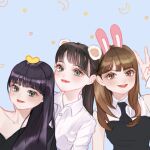  3girls animification apink bad_id bad_twitter_id black_hair black_necktie blunt_bangs blush brown_hair collared_shirt commentary gfriend hayoung_(apink) joy_(red_velvet) long_hair looking_at_viewer moon multiple_girls necktie pink_lips ponytail real_life red_velvet_(group) rin_yes2 shirt smile star_(symbol) untranslatable_commentary v yerin_(gfriend) 