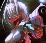  1girl absurdres adhesive_bra ahoge aiming aiming_at_viewer blue_eyes bodysuit braid braided_ponytail breasts cyberpunk cyberpunk:_edgerunners cyberpunk:_edgerunners_2 cyberpunk_(series) cyborg gun hair_intakes handgun highres holding holding_gun holding_weapon long_hair looking_at_viewer mask mechanical_arms medium_breasts mouth_mask open_bodysuit open_clothes pink_hair skin_seams slit_pupils solo sumosumo talia_yang weapon 