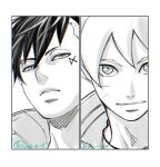  2boys adoptive_siblings boruto:_naruto_next_generations boruto_(series) brothers commentary_request dated eyebrow_piercing face_piercing facial_mark facial_tattoo frown greyscale kawaki_(boruto) makio1313 male_focus monochrome multiple_boys naruto_(series) parted_lips piercing siblings signature smile tattoo twitter_username undercut uzumaki_boruto whisker_markings 