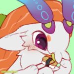  artist_name blush blush_stickers body_fur chibi commentary english_commentary fish_(food) flower food green_background hands_up holding holding_food long_hair looking_at_food mew_mew_chikorita_moon original pokemon portrait purple_eyes simple_background solo sushi upper_body white_fur 