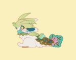  animal_focus blue_flower blush braid creature earrings flower from_side full_body green_pupils highres jewelry looking_at_viewer mew_mew_chikorita_moon multicolored_eyes no_humans original pokemon simple_background sitting solo star-shaped_pupils star_(symbol) symbol-shaped_pupils white_fur yellow_background 