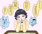  1boy 1girl ahoge black_hair blue_eyes boruto:_naruto_next_generations boruto_(series) chibi chibi_inset commentary_request cup earrings head_rest holding holding_cup hood hoodie jewelry kawaki_(boruto) makio1313 mug multicolored_hair naruto_(series) short_hair signature sleeves_past_wrists spit_take spitting stud_earrings twitter_username two-tone_hair uzumaki_himawari vest yellow_hoodie 