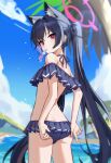  1girl absurdres adjusting_clothes adjusting_swimsuit amamiyayk animal_ear_fluff animal_ears ass bare_shoulders bikini bikini_skirt black_bikini black_hair black_ribbon blue_archive cat_ears cat_girl chinese_commentary commentary_request extra_ears frilled_bikini frills from_behind hair_ribbon halo highres long_hair looking_at_viewer looking_back mouth_hold off-shoulder_bikini off_shoulder official_alternate_costume outdoors pink_halo red_eyes ribbon serika_(blue_archive) serika_(swimsuit)_(blue_archive) solo swimsuit twintails 