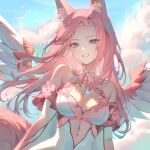 1girl animal_ear_fluff animal_ears armpit_crease arms_at_sides artist_name bare_shoulders blue_eyes bow breasts cloud cloudy_sky collar commentary commission detached_sleeves highres long_hair looking_at_viewer original parted_lips pink_bow pink_collar pink_hair pink_sleeves pink_tail pyampom sky smile solo teeth two-tone_sleeves upper_body white_sleeves white_wings wings 
