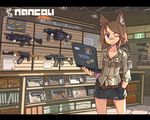  ;) ak-47 animal_ears armory assault_rifle bandaid bandaid_on_nose belt blue_eyes breasts brown_hair cleavage closed_mouth computer g36c grenade_launcher gun hand_in_pocket highres laptop letterboxed m203 m32 m4_carbine medium_breasts nancou_(nankou) one_eye_closed original rifle shop short_hair skirt smile solo underbarrel_grenade_launcher weapon weapon_shop 