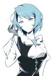  1girl absurdres ace_attorney ascot black_gloves black_vest blue_hair bow bowtie commentary earrings eliza_yye franziska_von_karma gloves grey_eyes highres jewelry juliet_sleeves limited_palette long_sleeves looking_at_viewer mole mole_under_eye puffy_sleeves shirt short_hair simple_background solo upper_body vest white_ascot white_bow white_bowtie white_shirt 