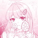  1girl aegyo_sal applying_makeup applying_own_makeup bare_shoulders bird bow character_name chinese_commentary closed_mouth commentary_request dot_nose eyelashes eyes_visible_through_hair fingernails flower frilled_straps gradient_background hair_between_eyes hair_flower hair_ornament hairclip hand_mirror happy heart heart_necklace holding holding_mirror jewelry long_hair looking_at_viewer mirror monochrome necklace nikki_(nikki) nikki_(series) pink_background pink_theme powder_puff sample_watermark smile solo sparkle swan tank_top tianweijuwan too_many_watermarks upper_body very_long_hair watermark 