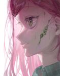  1girl alien_stage ashu_zones commentary cracked_skin english_commentary eyelashes from_side green_shirt hair_ornament hairclip highres long_hair mizi_(alien_stage) parted_lips pink_hair portrait shirt simple_background solo straight_hair sweat white_background yellow_eyes 