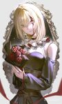  1girl absurdres bang_dream! bang_dream!_it's_mygo!!!!! black_hair blonde_hair blood blood_on_face bouquet brown_corset clothing_cutout commentary corset doloris_(bang_dream!) earrings flower glint highres holding holding_bouquet jewelry lingjiu_yuki long_sleeves looking_at_viewer medium_hair misumi_uika red_flower red_rose rose shoulder_cutout solo 