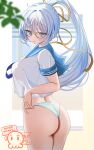  1girl agedashi_doufu_mk23 ass breasts choppy_bangs commentary_request fingernails glasses hair_ribbon highres looking_at_viewer looking_back no_pants original panties ponytail ribbon round_eyewear short_sleeves solo standing thong underwear white_eyes white_hair 