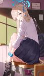  1girl absurdres ass asuna_(blue_archive) asuna_(school_uniform)_(blue_archive) bag black_shoes blonde_hair blue_archive blue_eyes blue_halo blue_skirt blush breasts commentary_request grin hair_over_one_eye halo highres juen_(jooann1359) large_breasts long_hair looking_at_viewer loose_socks on_table panties pantyshot pleated_skirt school_bag shirt shoes sitting sitting_on_object skirt sleeves_rolled_up smile socks solo table thighs underwear very_long_hair white_panties white_shirt 