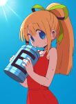  1girl android blonde_hair blue_eyes blue_sky can clear_sky commentary_request cowboy_shot day dokan_(dkn) dress drinking drinking_straw drinking_straw_in_mouth energy_tank green_ribbon hair_ribbon highres holding holding_can long_hair looking_at_viewer mega_man_(classic) mega_man_(series) outdoors ponytail red_dress ribbon roll_(mega_man) sky solo sun sweat 