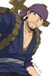  1boy bandana beard_stubble black_hair brown_eyes commentary_request facial_hair highres male_focus mustache_stubble pectoral_cleavage pectorals purple_bandana sann_003 simple_background solo stubble tadera_ryuu twitter_username yomi_no_tsugai 