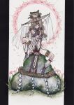  1girl blonde_hair body_markings breasts commentary_request detached_sleeves eye_on_hat facial_mark flower full_body grass hair_over_one_eye highres jewelry long_hair looking_at_viewer moriya_suwako on_rock purple_tabard redrawn rope shide shimenawa sitting smile solo surume_(surumemodoki) tabard thighlet toeless_legwear touhou 