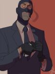  blu_spy_(tf2) blue_mask blue_suit cigarette facial_hair gloves gun looking_to_the_side male_focus mask necktie revolver smoke smoking spy_(tf2) stubble suit team_fortress_2 two-tone_background wachtelspinat watermark weapon 