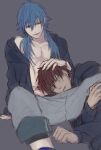  2boys arm_support black_jacket blue_hair brown_hair commentary_request dramatical_murder fingernails grey_background grey_pants hand_on_another's_head highres hood hood_down hooded_jacket jacket jewelry kuwa_ayase lap_pillow long_hair male_focus matching_outfits mizuki_(dramatical_murder) multiple_boys pants ring seragaki_aoba short_hair simple_background sitting unzipped yaoi zipper 