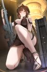  1girl absurdres ahoge alcohol ankle_belt anti-materiel_rifle arm_strap arm_up bar_(place) bare_shoulders belt bipod black_dress black_panties blush bolt_action bottle bracelet breasts brown_eyes brown_hair bullpup ceiling cleavage commentary_request dagger dress dsr-50 dsr-50_(girls'_frontline) from_below full_body girls'_frontline girls'_frontline_2:_exilium gold_bracelet gun hair_intakes high_heels highres huge_ahoge indoors jewelry knee_up knife large_breasts legs light_blush llenn_pt long_hair looking_ahead looking_to_the_side loreley_(girls'_frontline_2) magazine_(weapon) on_one_knee panties pantyshot parted_lips rifle scope sideboob sidelocks sleeveless sleeveless_dress sniper_rifle solo stiletto_(weapon) thigh_strap thighs underwear very_long_hair weapon weapon_case 