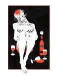  1boy alcohol aquiline_nose bottle commentary completely_nude cup drinking_glass english_commentary eyelashes eyeshadow feet fingernails girly_boy highres iliothermia laurel_tattoo lips lipstick makeup male_focus mastectomy_scar monochrome nail_polish nipples nose nude original pectorals red_eyeshadow red_lips red_nails red_wine scar scar_on_chest sitting smile solo spilled_drink tattoo toenail_polish toenails wine wine_bottle wine_glass 