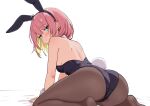  1girl animal_ear_hairband animal_ears aqua_eyes ass black_hairband black_leotard blush breasts brown_pantyhose closed_mouth colored_inner_hair commentary fake_animal_ears fake_tail fukouko_(keisuke309) hairband highres keisuke309 leaning_forward leotard looking_at_viewer looking_back median_furrow multicolored_hair no_shoes original pantyhose pink_hair playboy_bunny rabbit_ear_hairband rabbit_ears rabbit_tail seiza short_hair simple_background sitting solo strapless strapless_leotard tail turning_head white_background white_wrist_cuffs wrist_cuffs 