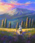  1girl absurdres belt black_belt black_leggings boots brown_boots commentary dy.jpeg elf english_commentary field flower forest frieren from_behind gold_trim grass highres lavender_(flower) leggings long_hair mountain nature outdoors path pointy_ears purple_flower robe sky snow solo sousou_no_frieren tree twintails white_hair white_robe 