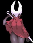  1girl arthropod_girl black_background black_eyes black_skin breasts cloak colored_skin cowboy_shot highres holding holding_weapon hollow_eyes hollow_knight hollow_knight:_silksong horned_mask hornet_(hollow_knight) horns looking_at_viewer mask medium_breasts needle_(hollow_knight) pantsu-ripper red_cloak simple_background solo standing weapon weapon_on_back white_mask 