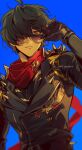  1boy ahoge artist_name belt belt_buckle black_belt black_gloves black_jacket black_shirt blue_background buckle closed_mouth gloves green_hair grey_eyes hair_between_eyes hair_over_one_eye hand_up jacket leather leather_jacket lighter_(zenless_zone_zero) long_sleeves looking_at_viewer maka_(mksrw) male_focus one_eye_covered parted_bangs red_scarf scarf shirt short_hair signature simple_background solo spiked_jacket spikes sunglasses twitter_username upper_body zenless_zone_zero 