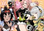  1boy 3girls absurdres amillion_(zenless_zone_zero) anby_demara animal_ear_fluff animal_ears barcode barcode_tattoo bare_shoulders billy_kid black_gloves black_hair black_ribbon blush breasts burger cat_ears cat_girl chulouilo crop_top dark-skinned_female dark_skin eating facial_mark food forehead_mark forehead_tattoo gloves green_eyes green_sleeves grey_hair hair_ornament hair_ribbon hairband hairclip headphones highres holding holding_burger holding_food humanoid_robot jacket large_breasts long_hair looking_at_viewer mole mole_on_thigh multiple_girls multiple_tails navel nekomiya_mana nicole_demara open_mouth orange_eyes pink_hair red_eyes red_hairband red_jacket ribbon robot robot_boy short_hair simple_background smile spiked_hair strapless tail tattoo thighs triangle triangle_facial_mark tube_top v white_hair white_tube_top yellow_eyes zenless_zone_zero 