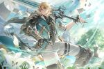  1boy aqua_coat arm_armor armor blonde_hair blue_eyes closed_mouth coat commentary_request coppepan falling_petals feet_out_of_frame field floating_paper flower flower_field gauntlets genshin_impact gest_of_the_mighty_wolf_(genshin_impact) greatsword hair_between_eyes highres holding holding_sword holding_weapon light_smile male_focus mondstadt_city outdoors over_shoulder pants paper petals scar scar_on_arm short_hair shoulder_armor single_gauntlet solo sword tree varka_(genshin_impact) weapon weapon_over_shoulder white_flower white_pants wind windmill 
