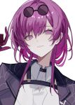  1girl black_jacket chest_harness close-up collared_shirt commentary dot_nose eyewear_on_head gloves hair_between_eyes hand_up harness highres honkai:_star_rail honkai_(series) jacket kafka_(honkai:_star_rail) looking_at_viewer medium_hair open_clothes open_jacket parted_lips pince-nez purple-tinted_eyewear purple_eyes purple_gloves purple_hair round_eyewear shirt sidelocks simple_background smile solo spider_web_print tinted_eyewear upper_body white_background white_shirt yukiusagi_(yukiusagi_52) 