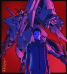  1boy beam_rifle commentary copyright_logo copyright_name energy_gun glowing glowing_eyes gundam gundam:_hathaway's_flash hathaway_noa highres holding holding_energy_gun holding_weapon js_71535 lens_flare logo looking_at_viewer mecha mecha_pilot_suit mobile_suit normal_suit_(gundam) red_light robot science_fiction title v-fin weapon xi_gundam 