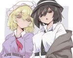  2girls belt black_hat black_necktie blonde_hair border bow breasts brown_coat brown_eyes coat collared_dress collared_shirt commentary_request contrast_collar derivative_work dress grey_background hat hat_bow long_sleeves looking_at_viewer maribel_hearn medium_breasts medium_hair mob_cap multiple_girls necktie open_mouth purple_dress shio_(futatsumami) shirt tie_clip touhou upper_body usami_renko white_border white_hat yellow_eyes 